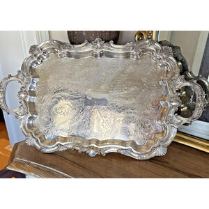 Vintage Crescent Silverplate Butler Tray – Ornate, Silver on Copper – 26"